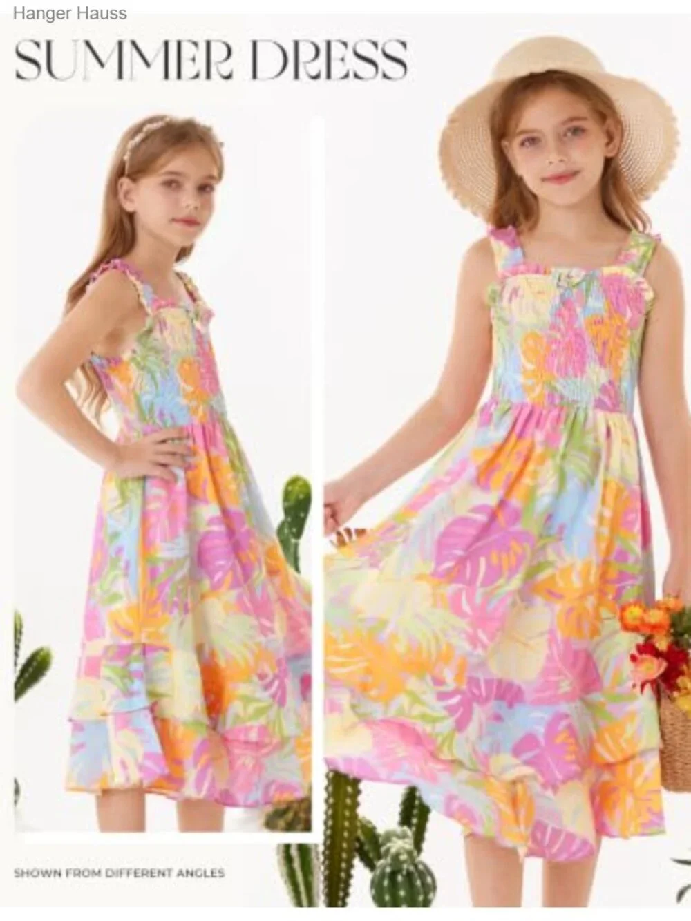 Girls Tropical Ruffle Maxi Dress Smocked Sleeveless Casual